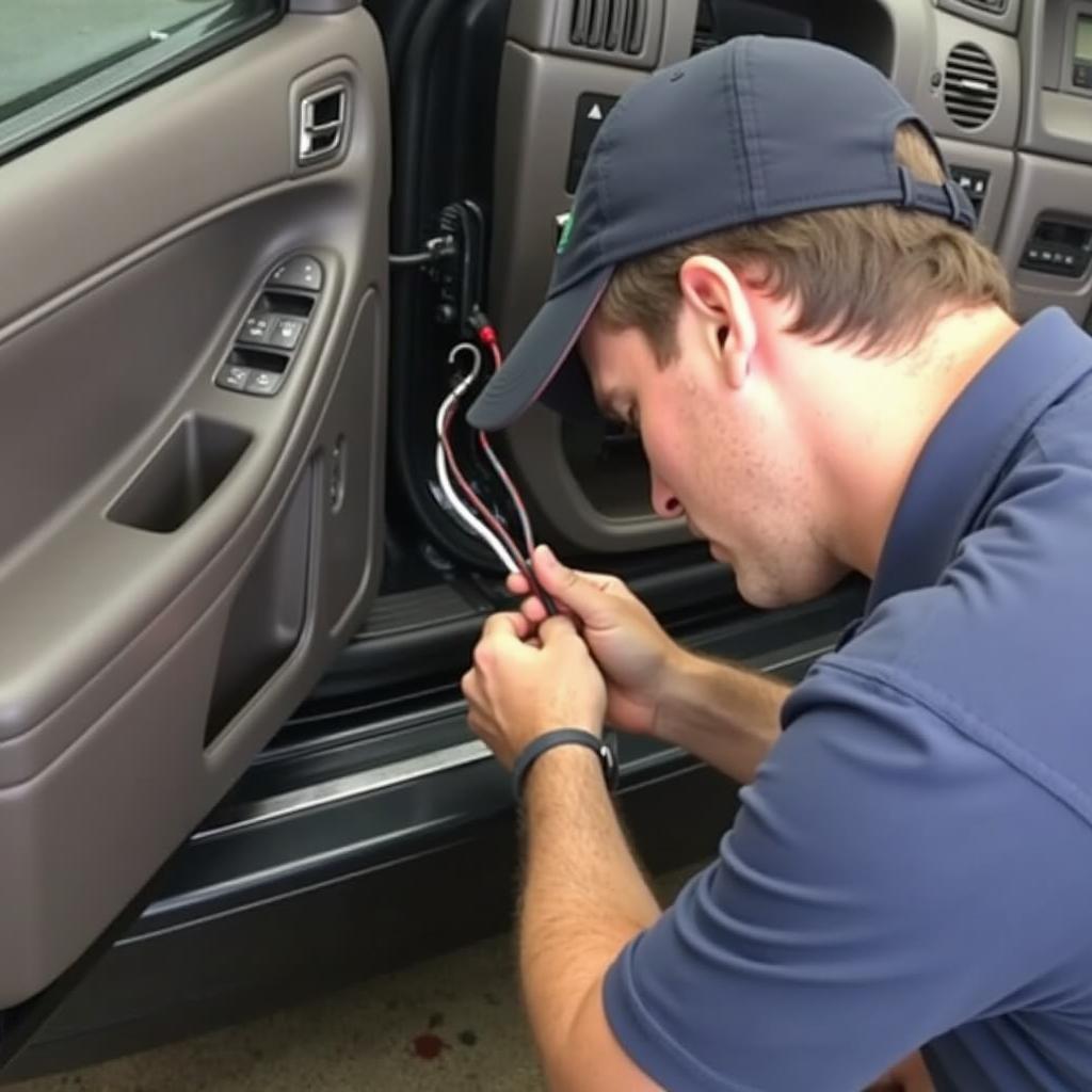 Inspecting the wiring for door lock problems in a 2004 Lincoln Town Car