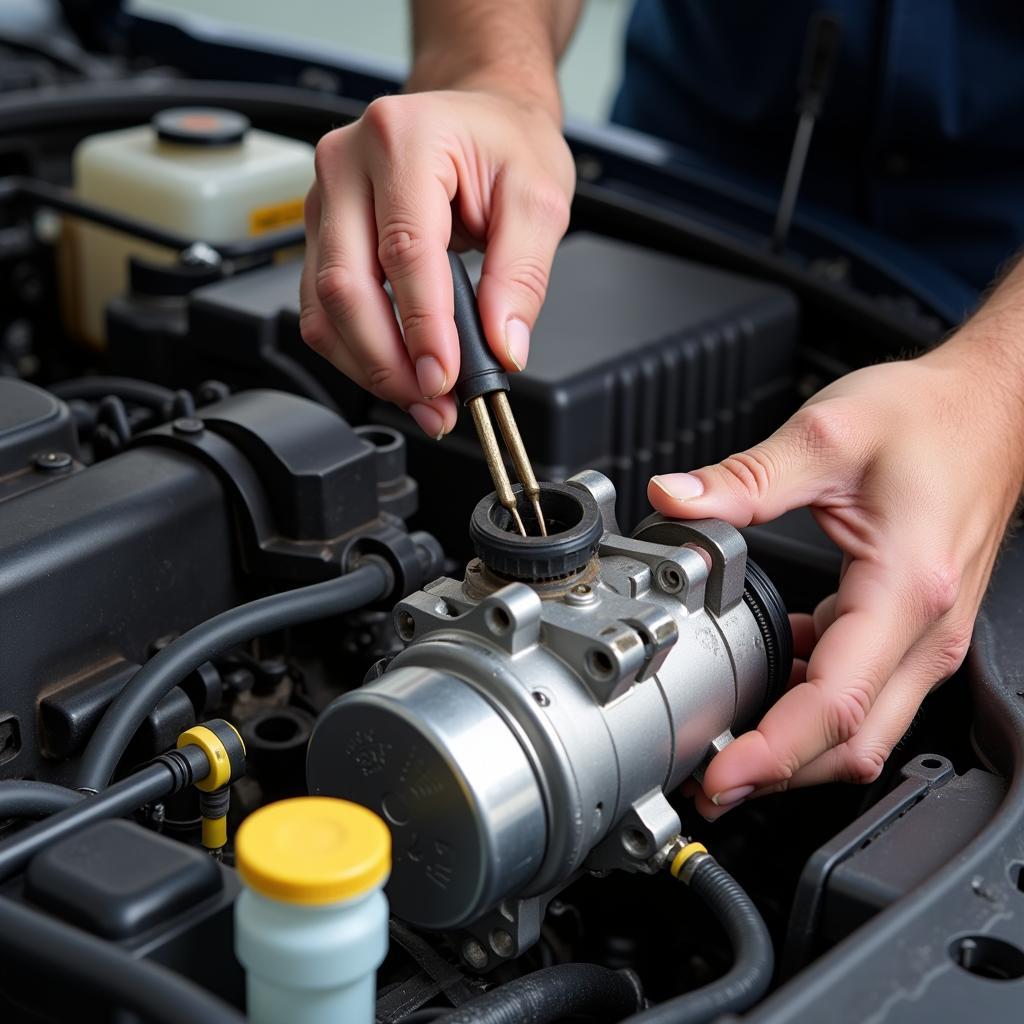 Mechanic inspecting a car AC compressor