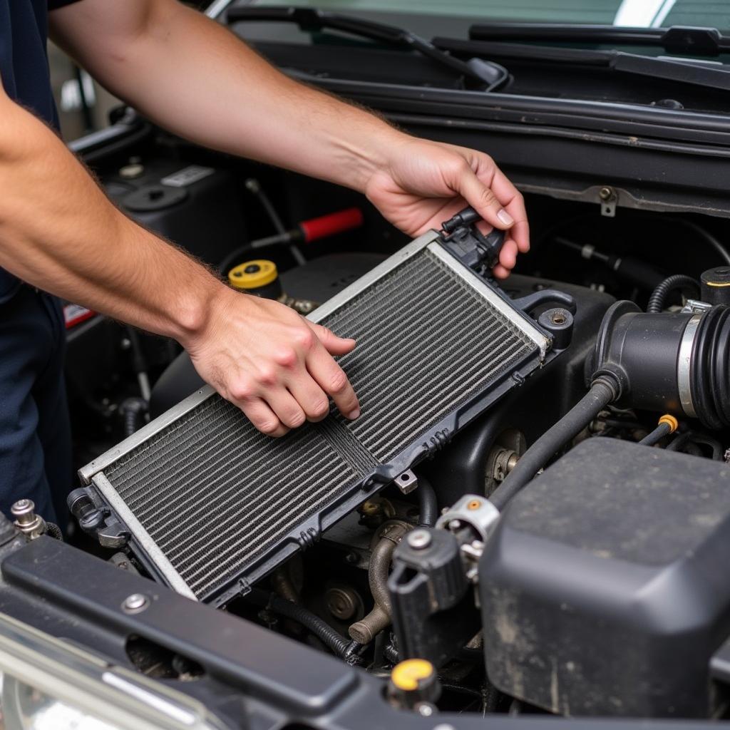 Mechanic replacing car AC condenser