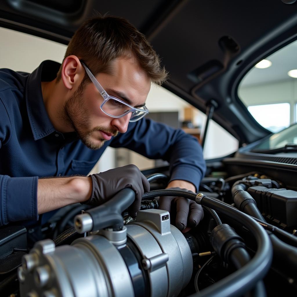 Mechanic Inspecting a Car AC System