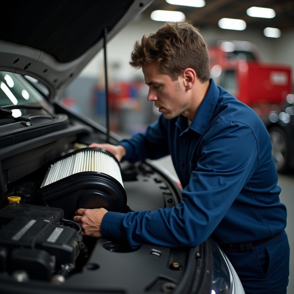 Air filter replacement service at a car maintenance shop