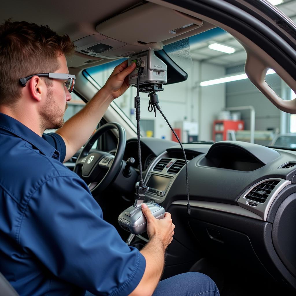 Mechanic replacing a car airbag module