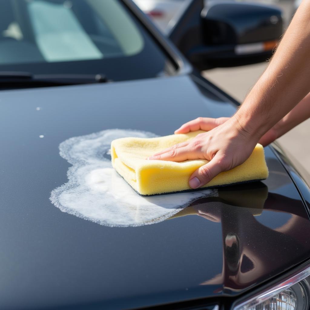 Applying car wax to protect the paint from sun damage