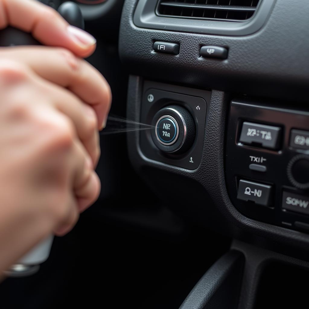 Applying contact cleaner to a car radio button.