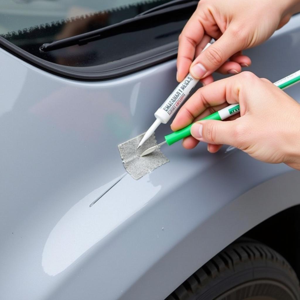 Applying a plastic repair kit to a cracked bumper