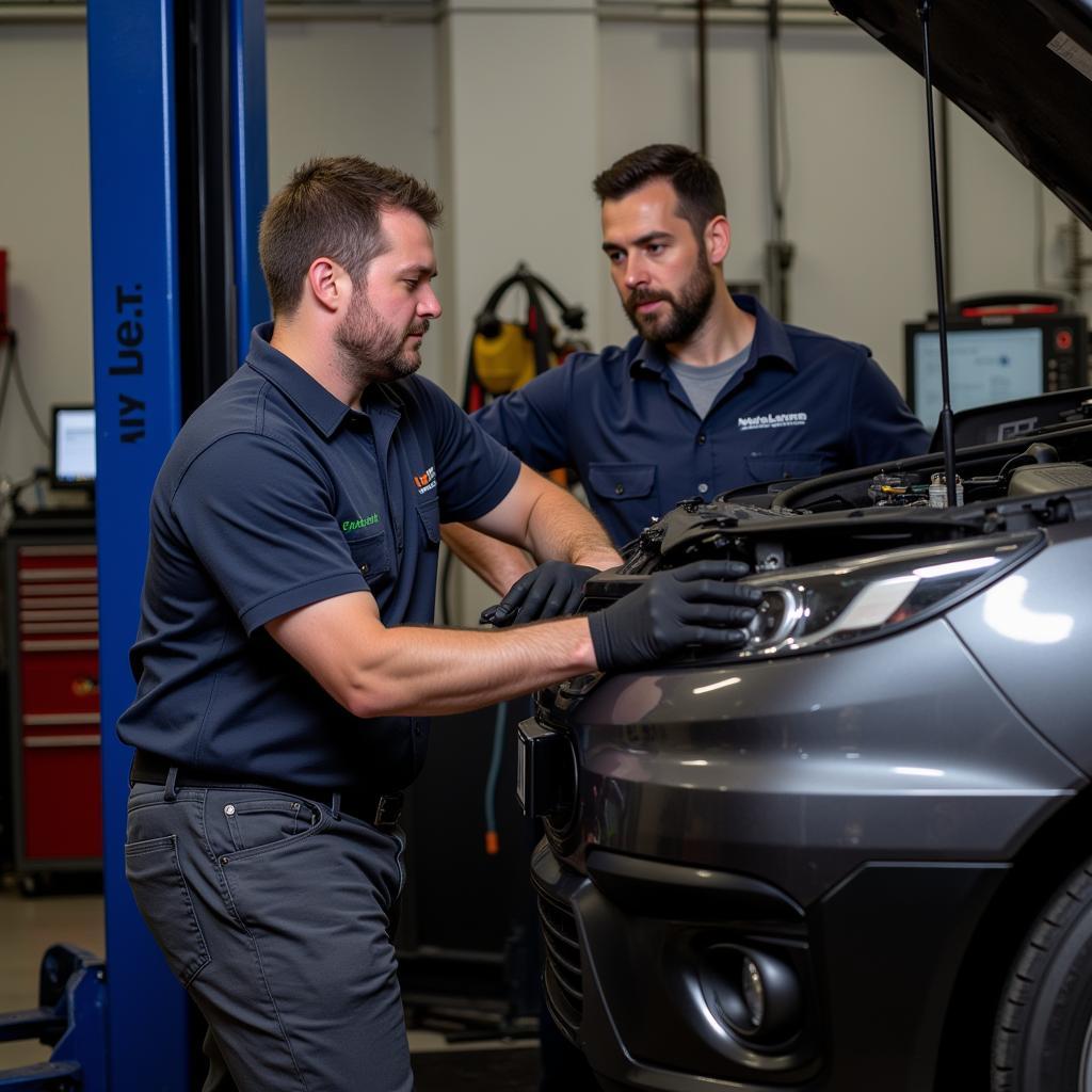 Apprentice mechanic working under the supervision of an experienced technician.