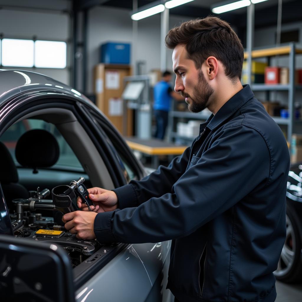 Automotive technician repairing car lock