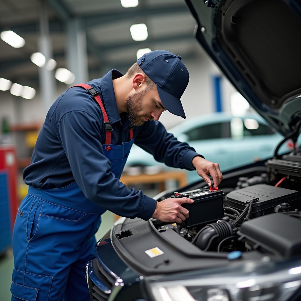 Battery check and replacement services at a car maintenance shop