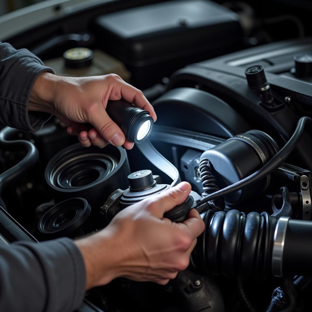  Close-up of a mechanic inspecting belts and hoses in a car engine during a 30,000-mile check-up