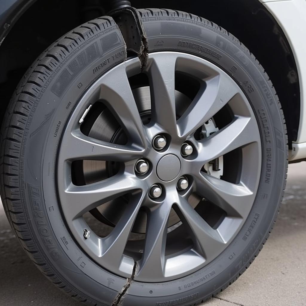 Close-up view of a blade puncture in a car tyre