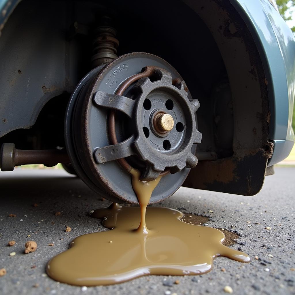 Brake Fluid Leak Under Car Indicating a Potential Brake System Problem