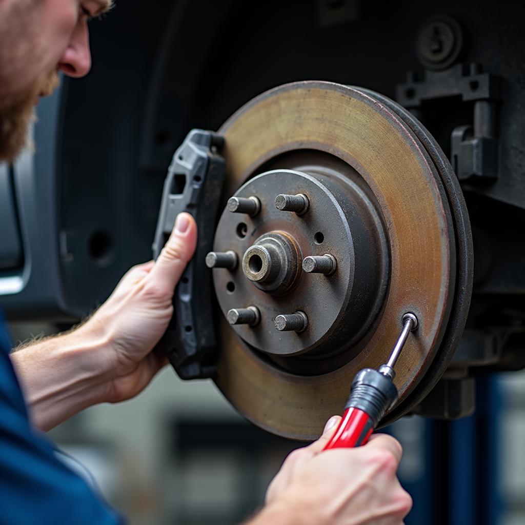 Inspecting brake pads during car maintenance