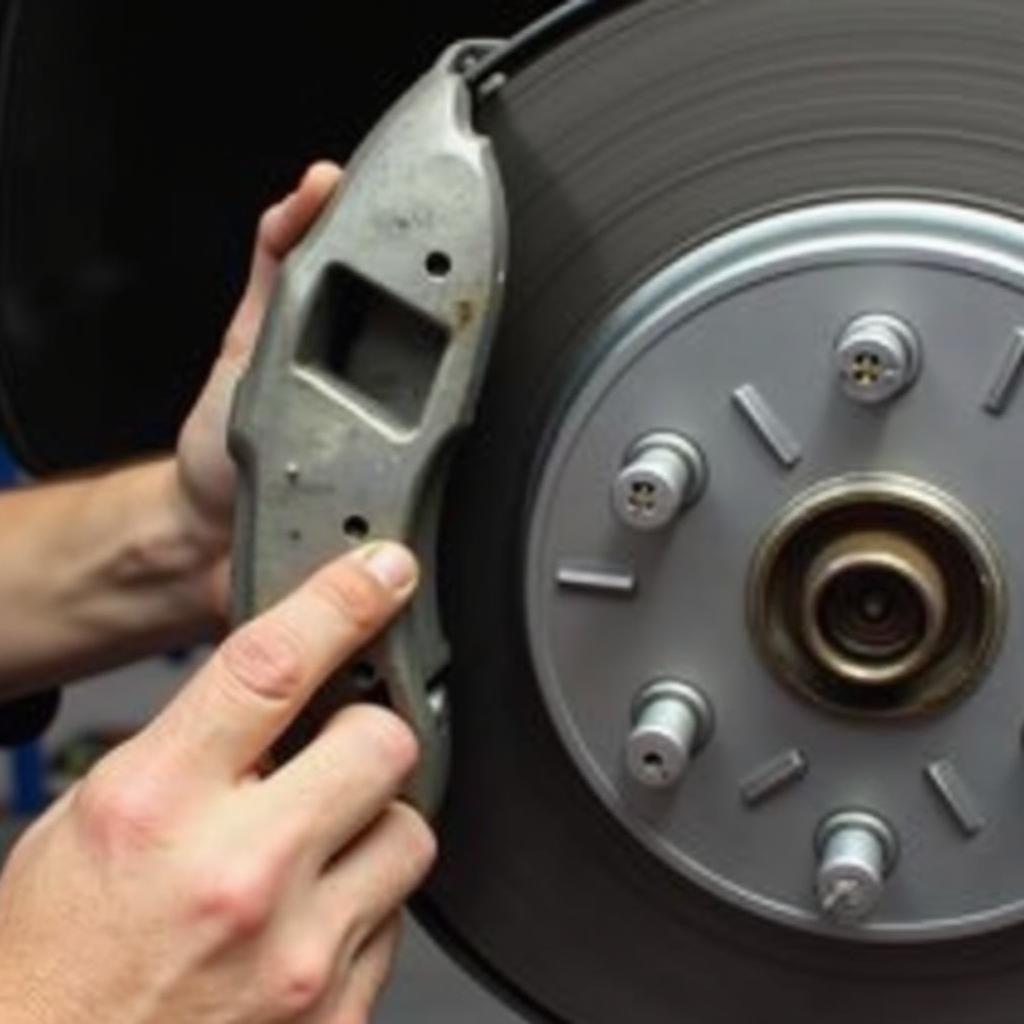 Checking brake pads during a brake inspection