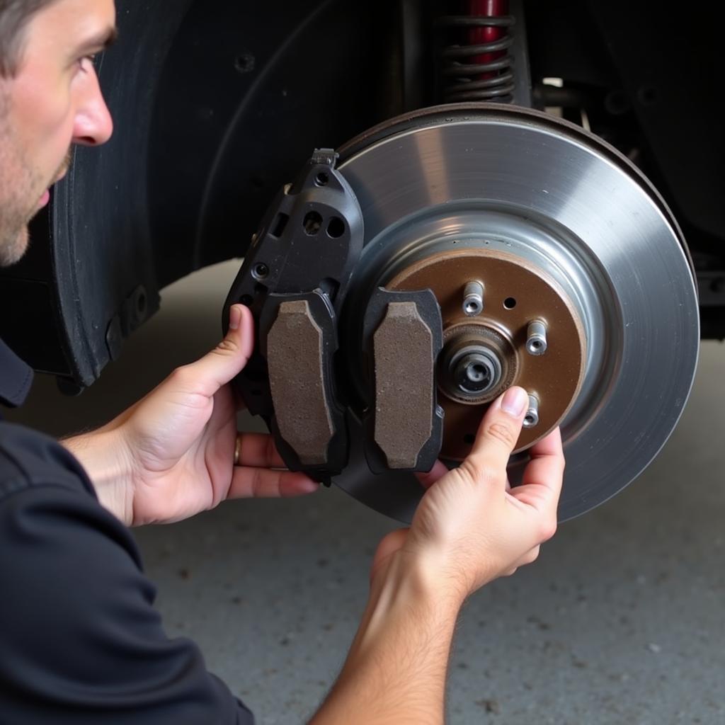 Mechanic inspecting brake pads