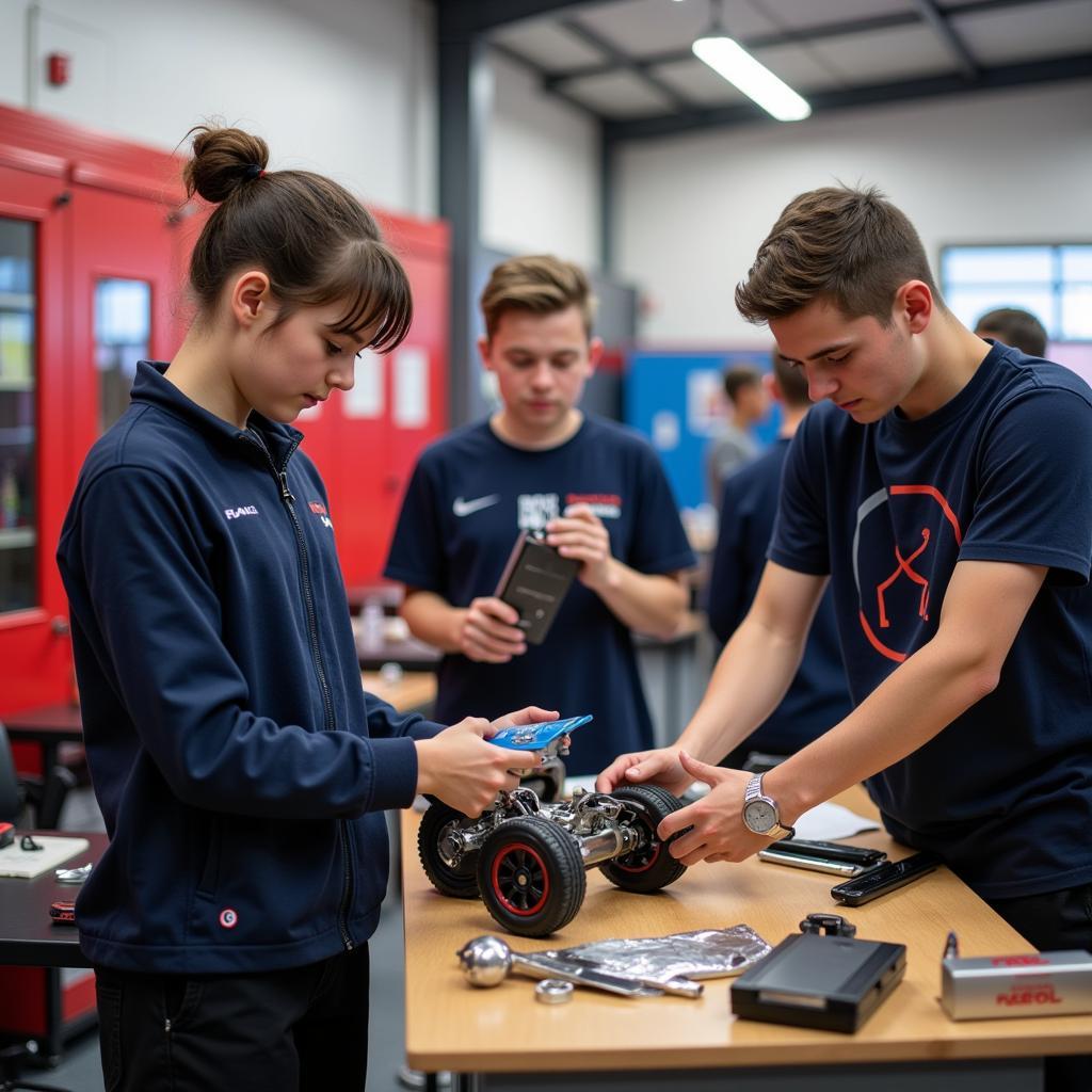 Students learning car maintenance in a Brisbane classroom