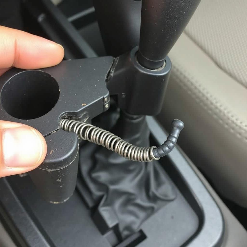 Broken car cup holder showing damaged plastic and missing spring