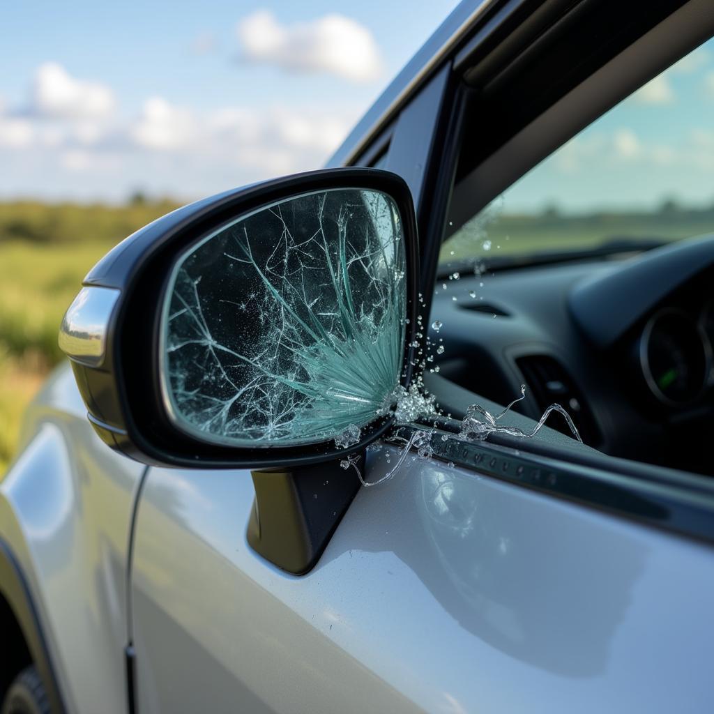 Broken car side mirror glass