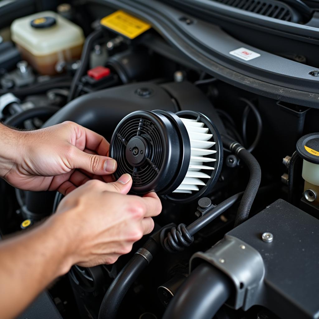 Mechanic replacing a car AC blower motor