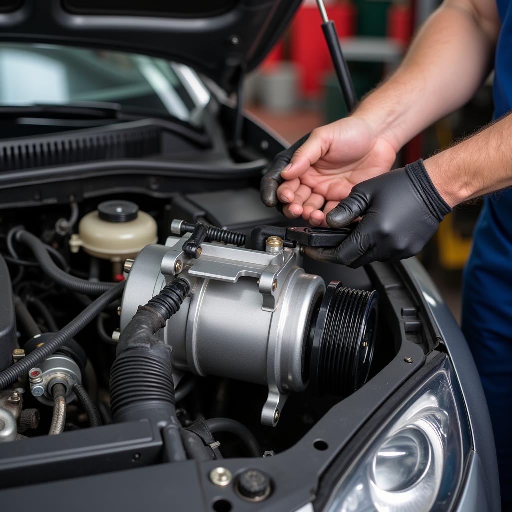 Mechanic replacing a car AC compressor