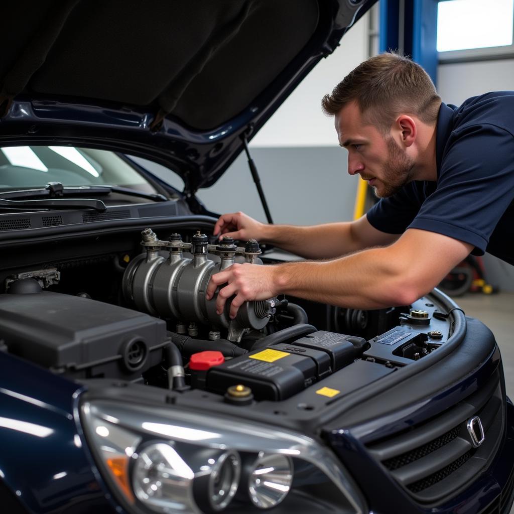 Mechanic inspecting car AC compressor