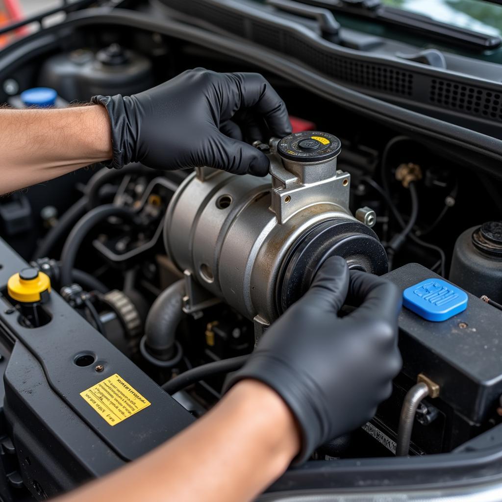 Mechanic inspecting a car AC compressor