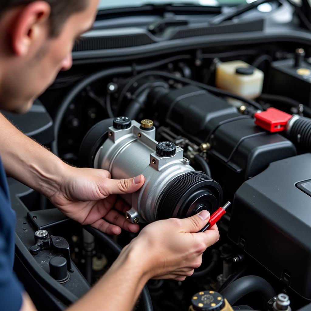 Close-up of Car AC Compressor Inspection