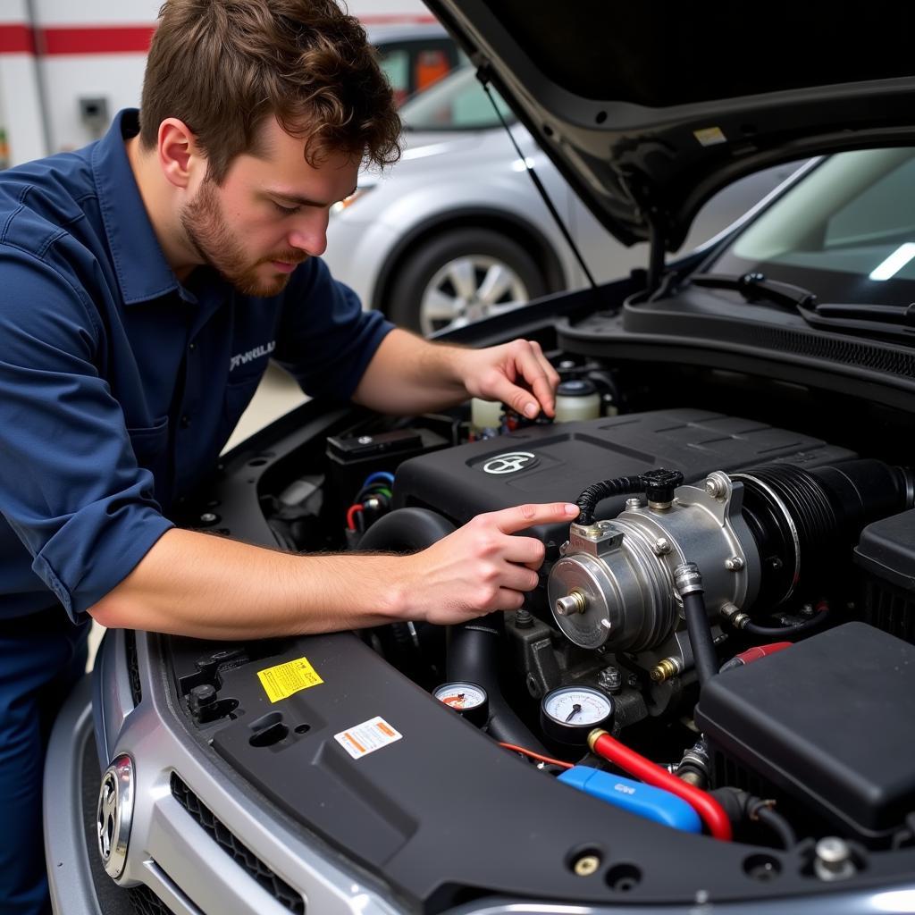 Inspecting a car AC compressor