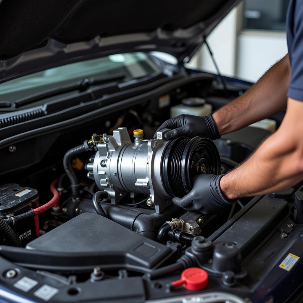 Mechanic replacing a car AC compressor