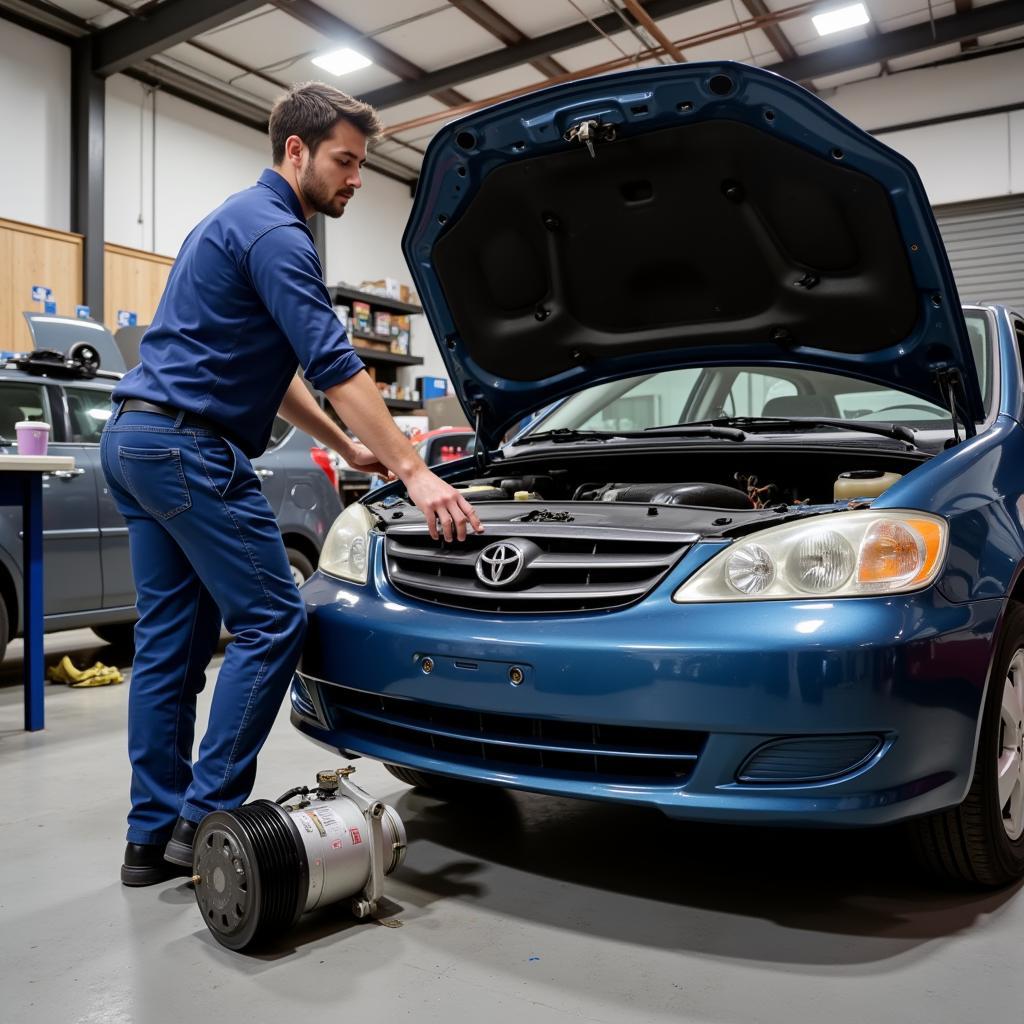 mechanic replacing a car ac compressor