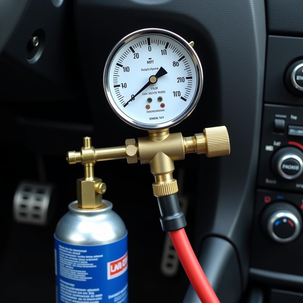 Car AC gauge and refrigerant can