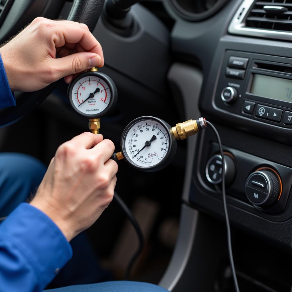 Checking car AC refrigerant pressure with a gauge