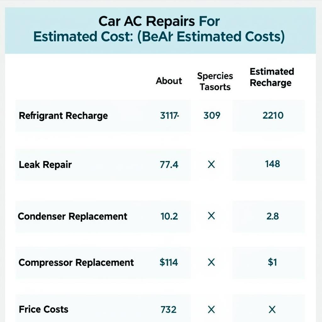 Car AC Repair Cost Comparison Chart