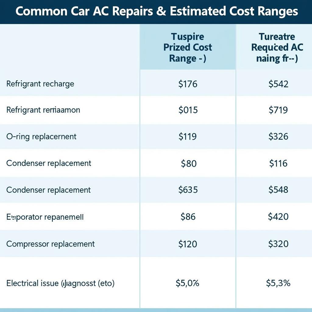 Chart of Average Car AC Repair Costs