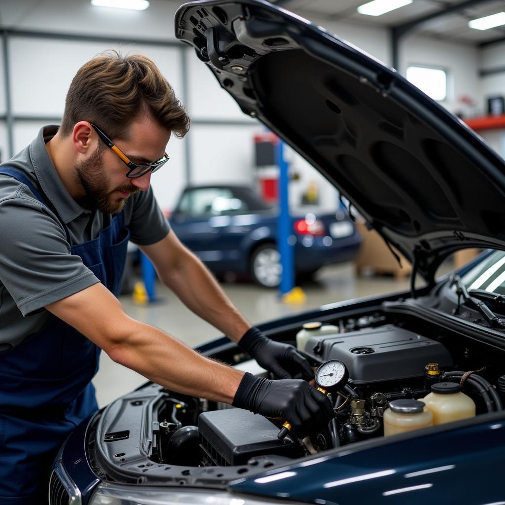 Mechanic Inspecting Car AC System for Repair