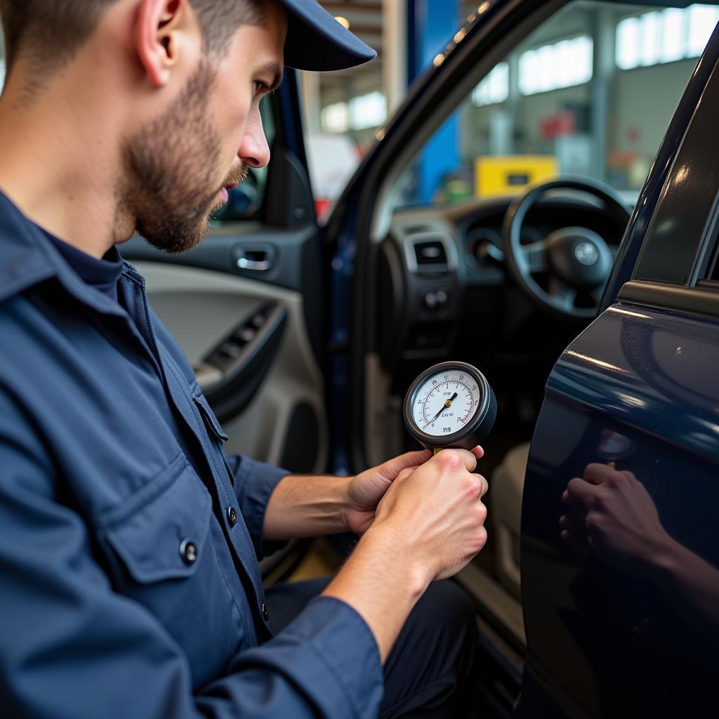 Mechanic inspecting car AC system.