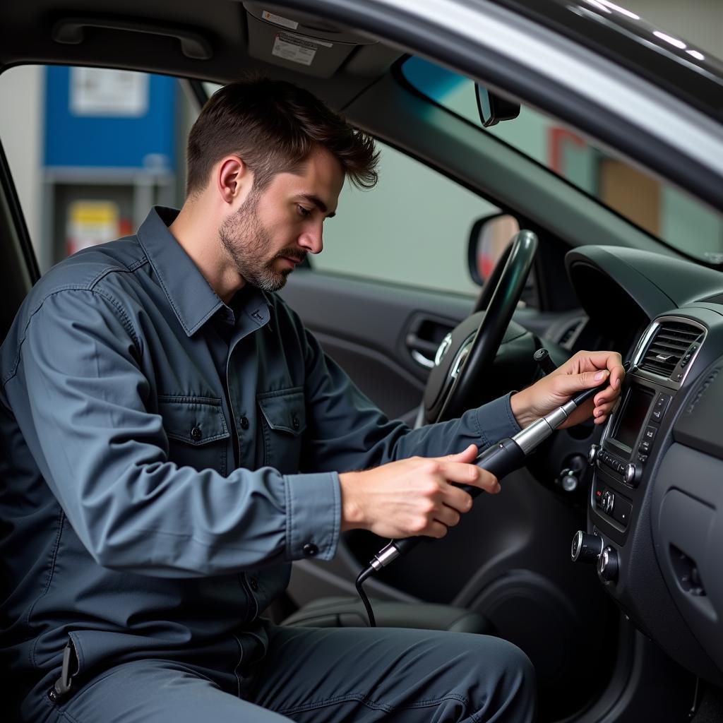 Car AC Repair Shop: Technician Working on Vehicle AC System