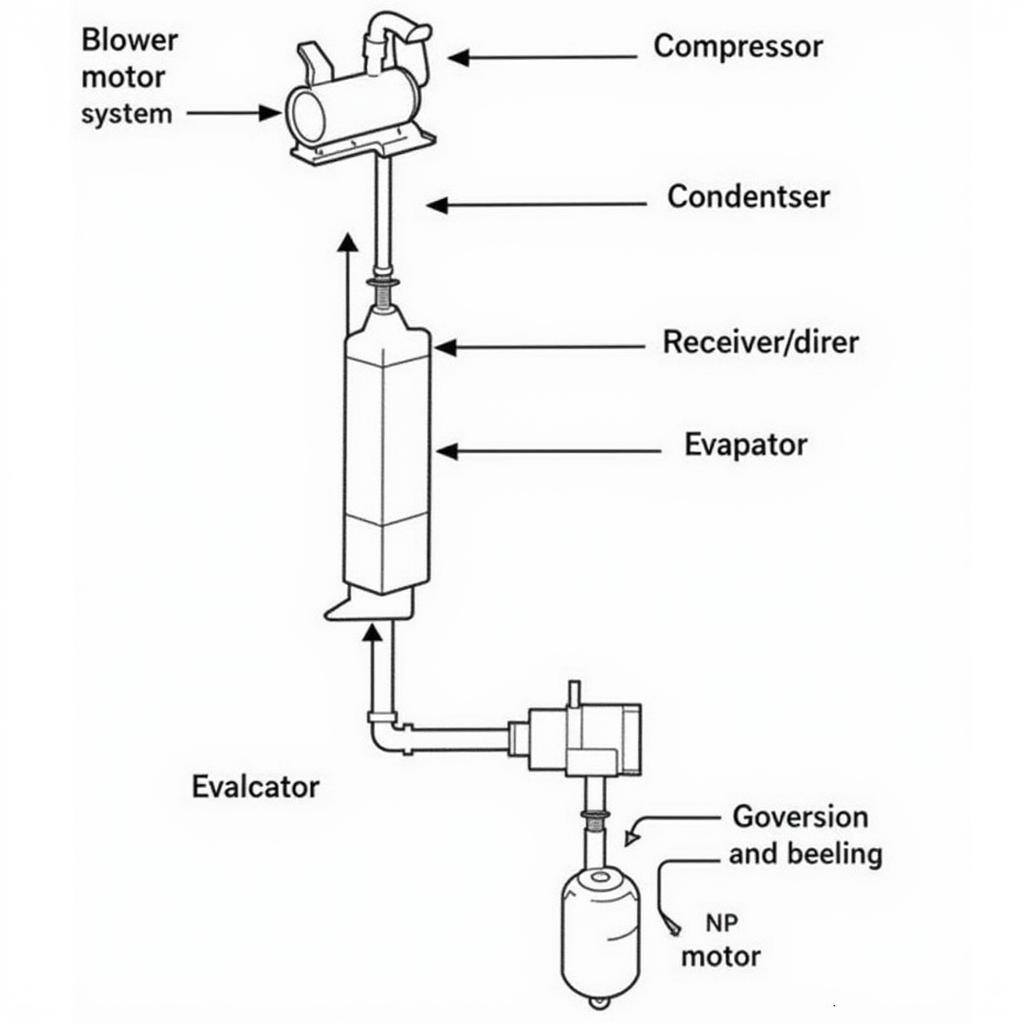 Diagram of a car's air conditioning system with labeled components