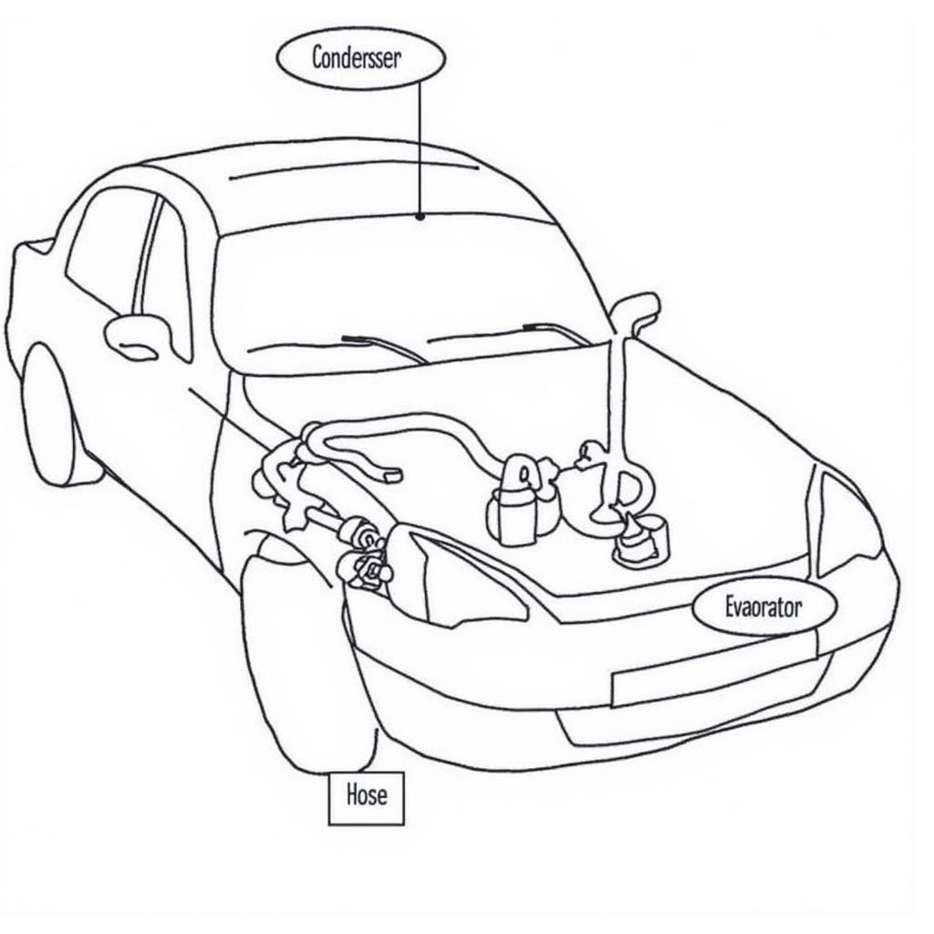 Diagram of a car AC system highlighting the location of the AC hoses and other key components.