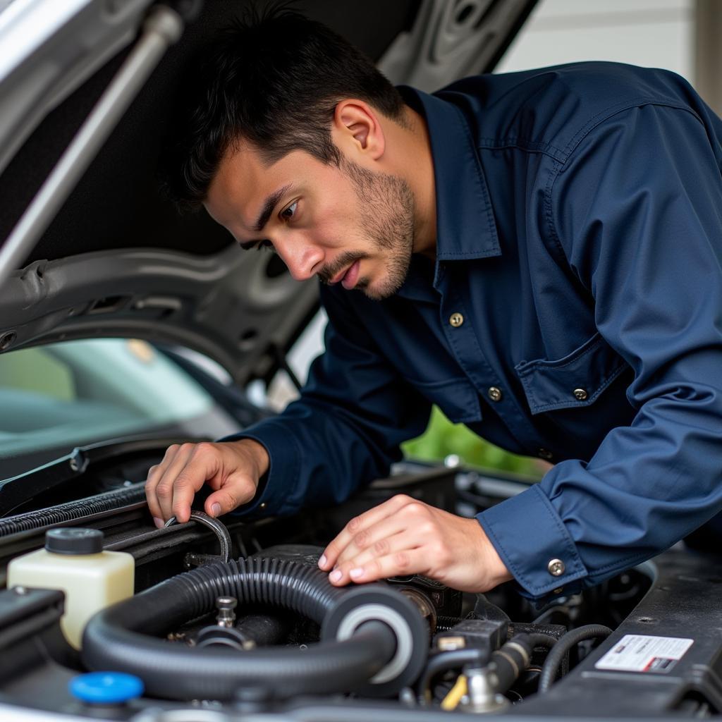 Mechanic Inspecting Car AC System