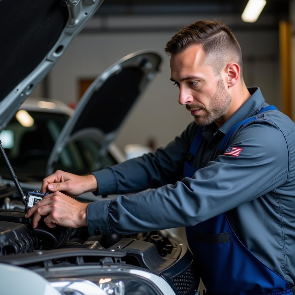 Mechanic Inspecting Car AC System