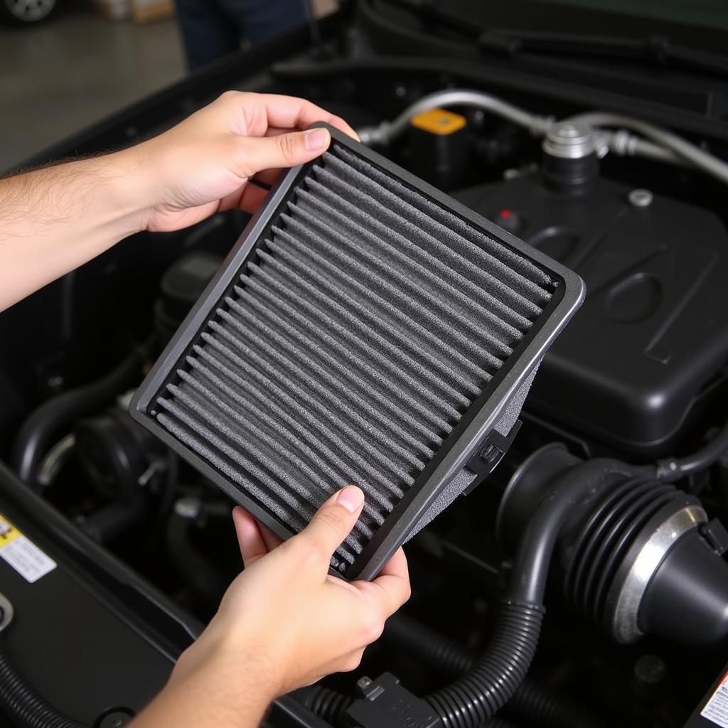 Mechanic replacing car air filter