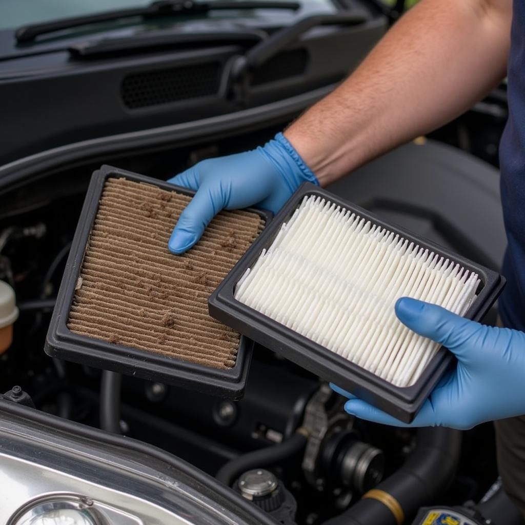 Mechanic replacing car air filter