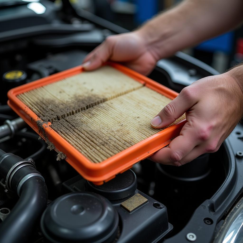 Mechanic replacing car air filter