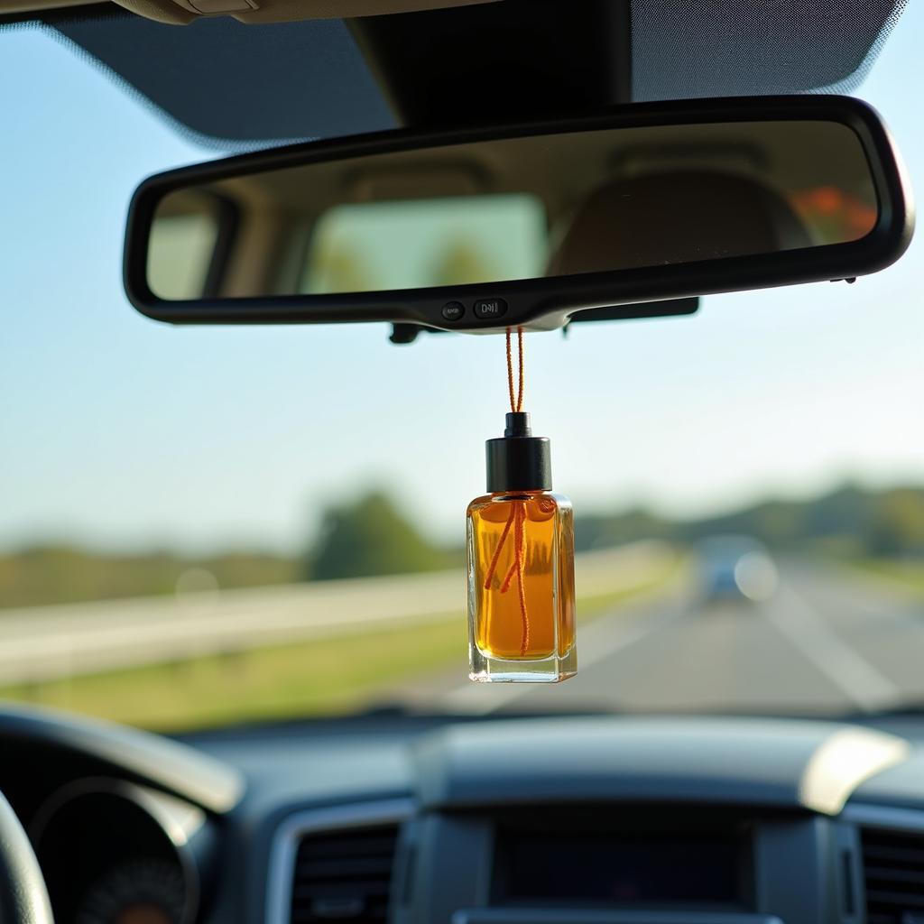 Car air freshener hanging on rearview mirror