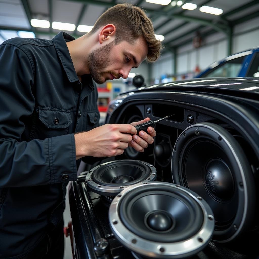 Car audio technician inspecting speakers