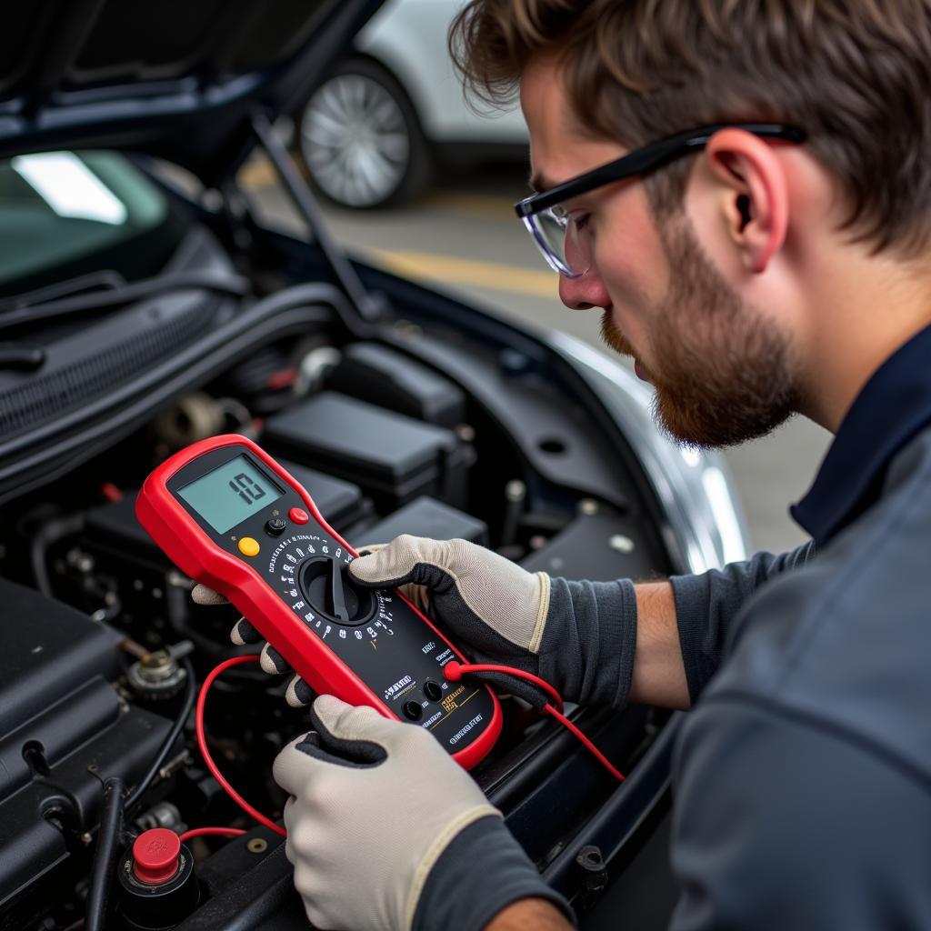 Mechanic checking car battery with multimeter