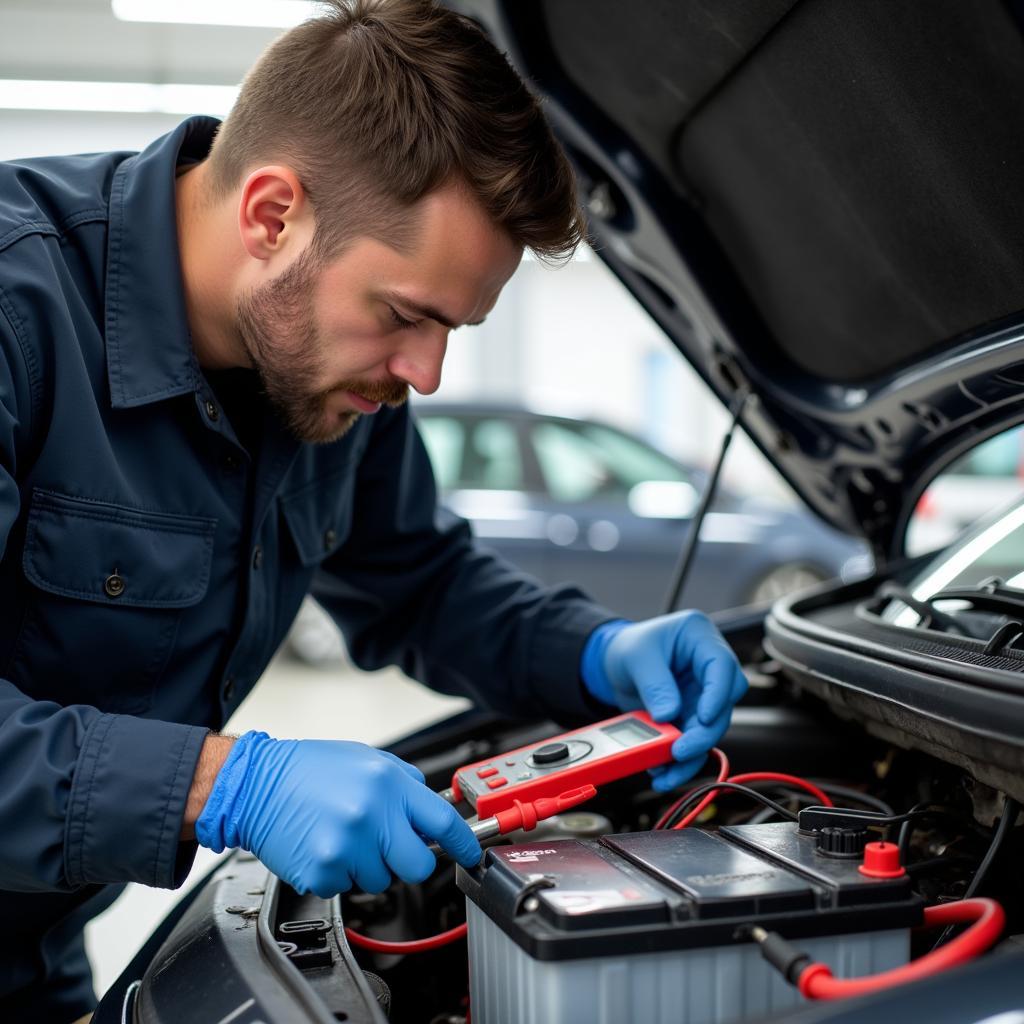 Mechanic checking car battery