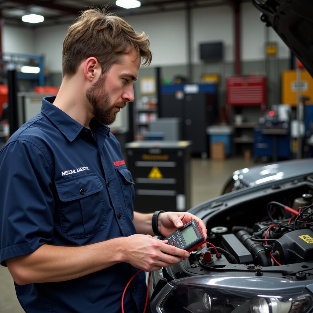 Mechanic checking car battery with a multimeter