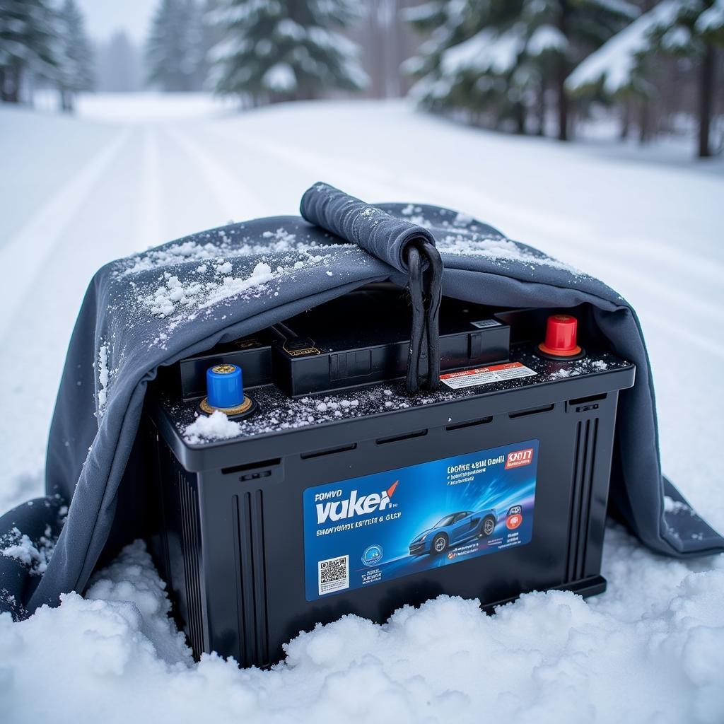 Car Battery Covered with a Thermal Blanket in Freezing Weather