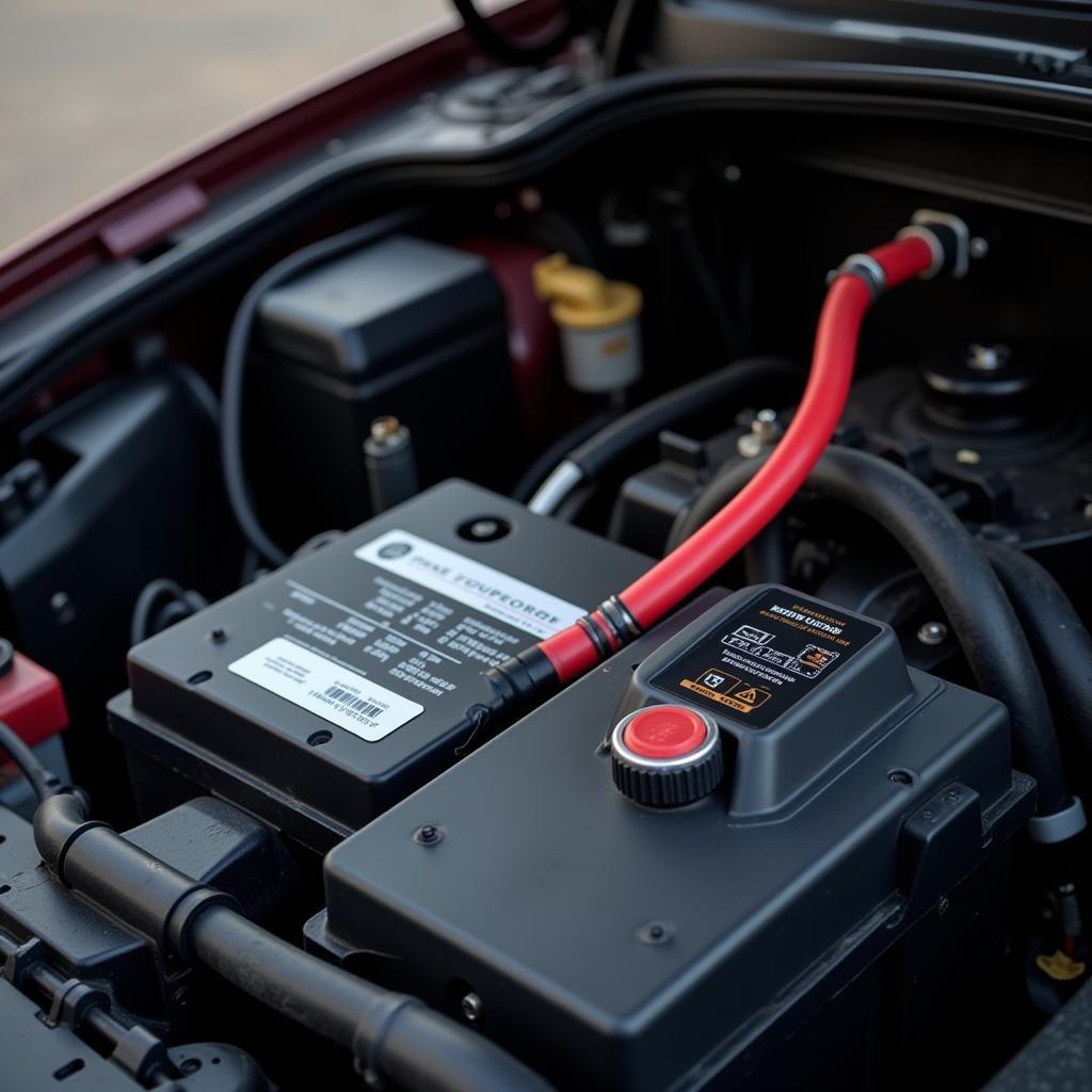 Car battery connected to a stop-start system